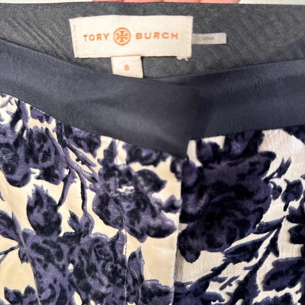 Tory Burch Dayton Floral Velvet Pants Size 8 Ivory Purple Flocked - Picture 4 of 16